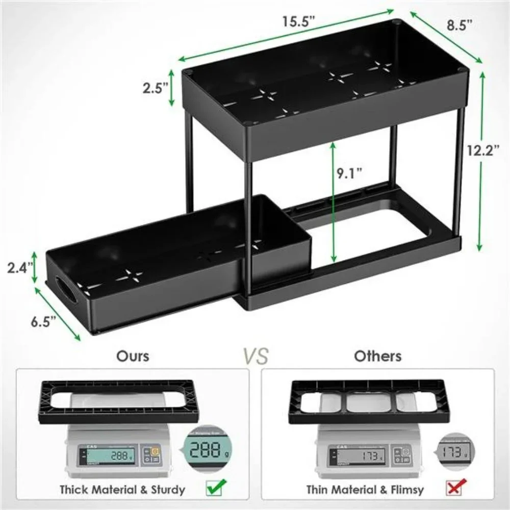 2 Pack Under Sink Organizer, 2-Tier Sliding Cabinet Basket Organizer with Hooks